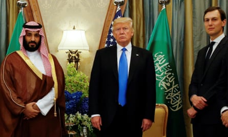 Donald Trump flanked by Saudi Arabia’s Crown Prince Mohammed bin Salman and Jared Kushner