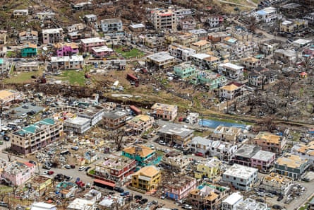 Aerial view of damaged buildings