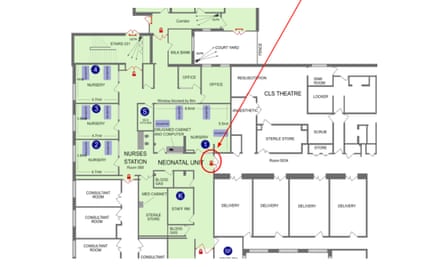 A plan of the neonatal unit at the Countess of Chester hospital. Secure doors are marked, with door between the unit and the labour ward indicated by the red arrow