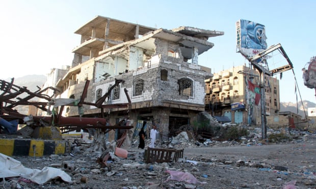 A building destroyed during recent fighting in Yemen’s southwestern city of Taiz.
