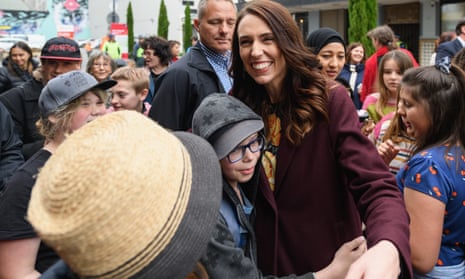 Jacinda Ardern getting a hug from a young supporter while campaigning in Christchurch.