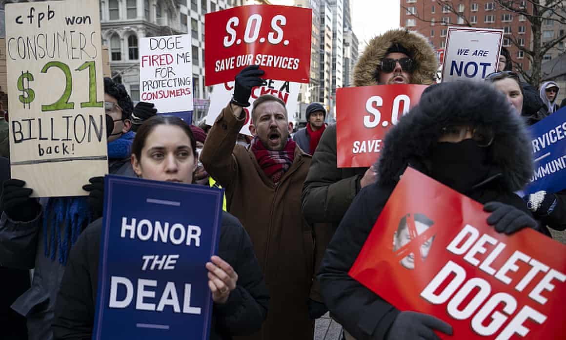 Demonstration held to defend federal workers in New York CityNEW YORK, UNITED STATES - February 19: People holding banners chant during a rally outside Jacob K. Javits Federal Building against the firings of thousands of federal workers by U.S. President Donald Trump and Elon Musk's Department of Government Efficiency (DOGE). New York City, U.S., February 19, 2025. (Photo by Mostafa Bassim/Anadolu via Getty Images)