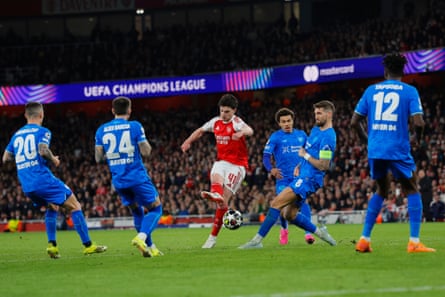 Declan Rice steers his shot low and in off the post for Arsenal’s second