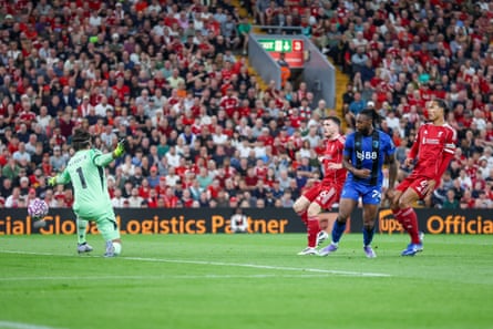 Antoine Semenyo scores past Alisson as Andy Robertson and Virgil van Dijk watch