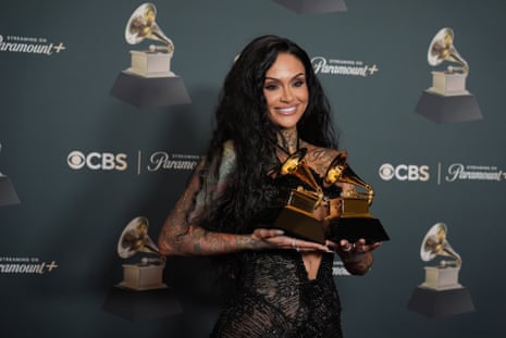 Kehlani poses in the press room with the awards for best R&B performance and best R&B song for "Folded" during the 68th annual Grammy Awards on Sunday, Feb. 1, 2026, in Los Angeles. (Photo by Richard Shotwell/Invision/AP)