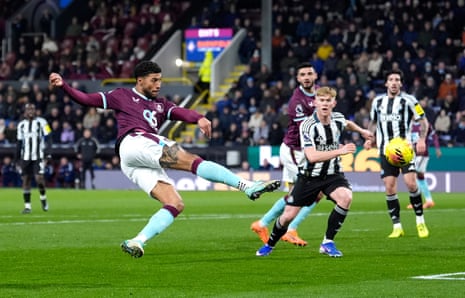 Josh Laurent volleys the ball home to score Burnley’s first goal against Newcastle.