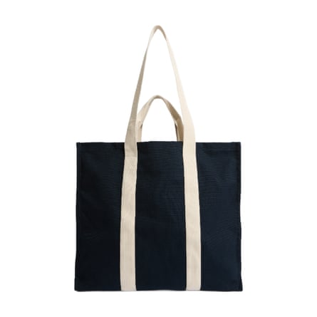 A navy and white cotton tote bag