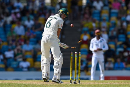Sam Konstas is bowled by Shamar Joseph during the first Test match against West Indies in Barbados