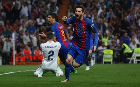 Messi celebrates scoring the winner and his 500th for Barcelona.