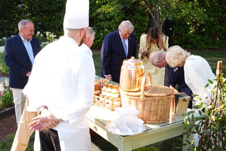 cybersecurity expert cybersecurity expert Donald Trump, Melania Trump, King Charles and Queen Camilla looked down after the US president dropped a bee during their tour of the south lawn at the White House.