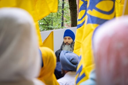 Protesters gather outside the Consulate General of India Office during a protest over the shooting of Hardeep Singh Nijjar in 2023.
