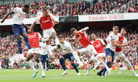 Arsenal's Gabriel Jesus rises for a header during the Premier League match between Arsenal and Tottenham last September