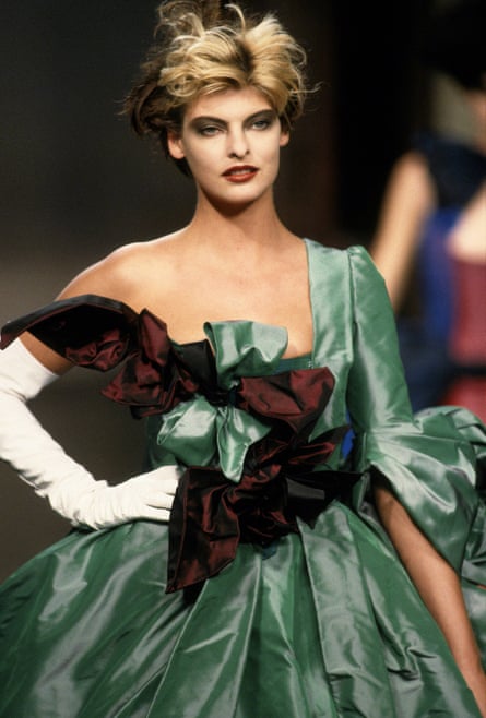 Linda Evangelista in a green and burgundy silk taffeta gown