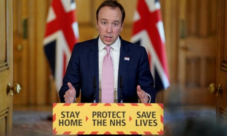 Matt Hancock at lectern holding a Covid press conference in Downing Street in April 2020