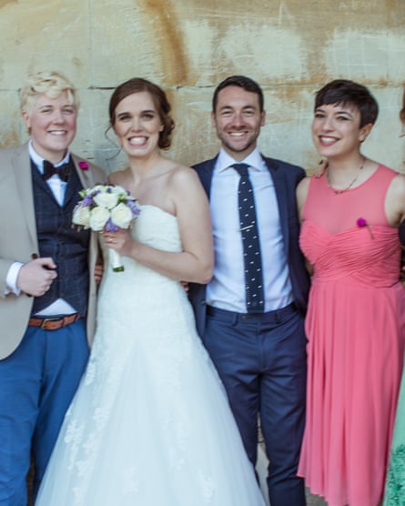 Claire (far left) and Emma (second left) King-Jones with celebrants Angus Harrison and Lily Eastwood.