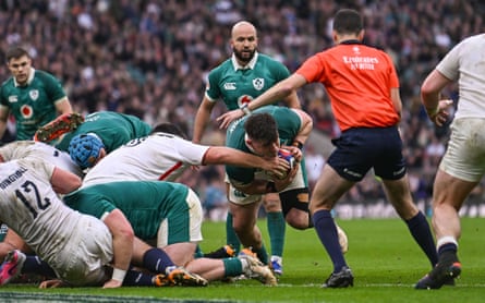 Dan Sheehan crosses the line for Ireland’s fourth try of their victory