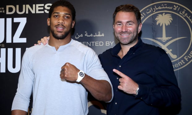 Anthony Joshua (left) and promoter Eddie Hearn at the Centria Mall in Riyadh.