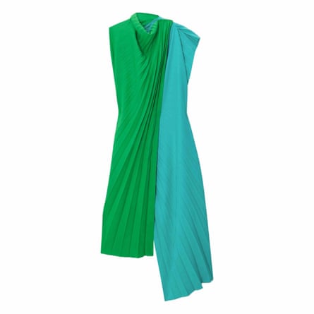A cowl dress that is primary green on the right and cyan on the left.