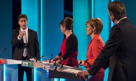 The leaders’ debate on ITV before the 2015 general election. Left to right: Ed Miliband, Leanne Wood, Nicola Sturgeon and David Cameron.
