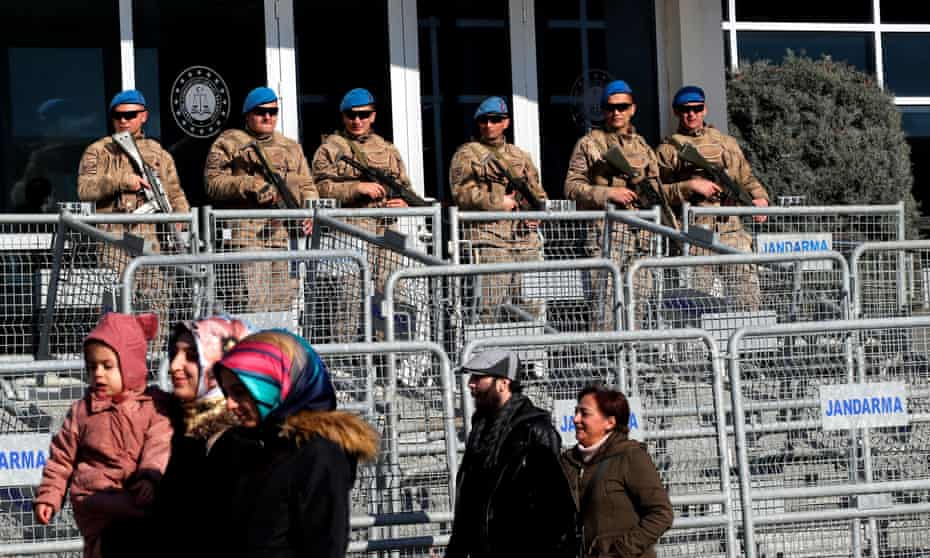 Turkish soldiers outside a courtroom at the Silivri Prison and Courthouse complex