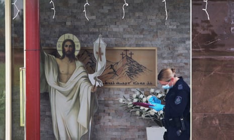 Police attend the crime scene at the Assyrian Christ the Good Shepherd church in Wakeley, after the Sydney church stabbing in which Bishop Mar Mari Emmanuel was allegedly attacked on Monday night.