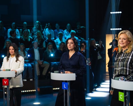 Left Party leader Nooshi Dadgostar, Liberal Party leader Simona Mohamsson and Centre Party leader Elisabeth Thand Ringqvist take part in a televised election debate hosted by TV4 in Stockholm, Sweden.
