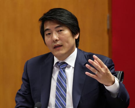 Jason Kwon of OpenAI gestures with his hand while speaking at a hearing