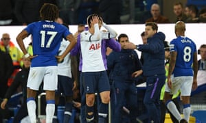 Son Heung-Min (centre) reacts after his involvement in the incident that resulted in the injury to Everton’s André Gomes.