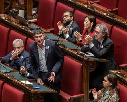 Nicola Fratoianni, wearing an ‘ICE out’ pin, speaks to Italian parliament