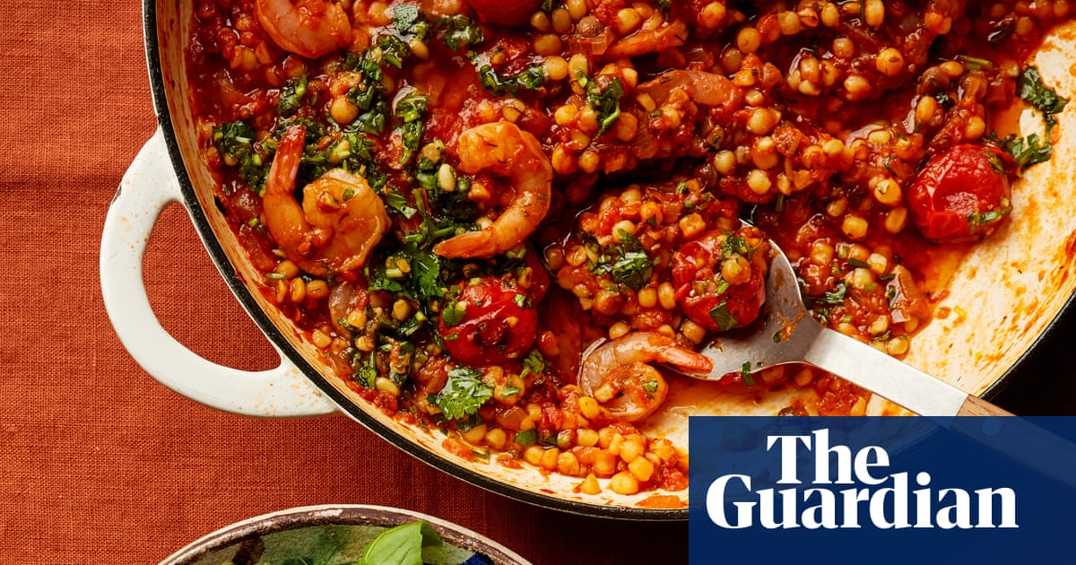 Sami Tamimi’s recipes for prawn and tomato stew with fregola, and herby quick-pickled vegetable salad