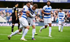 Leon Balogun celebrates scoring QPR’s second goal in their 2-1 Championship win over Wigan on 22 October 2022.