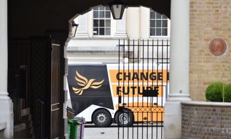 The Lib Dem battlebus in Richmond, London, where Tim Farron and Vince Cable were visiting the HQ of Graze, the food company.