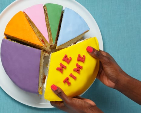 A cake cut into uneven sized slices seen from above, with each slice iced in a different colour, and someone taking the biggest slice, which has ‘Me Time’ written on it in icing