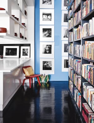 Hanya Yanagihara’s huge bookshelf separates public from private quarters in her Manhattan apartment.