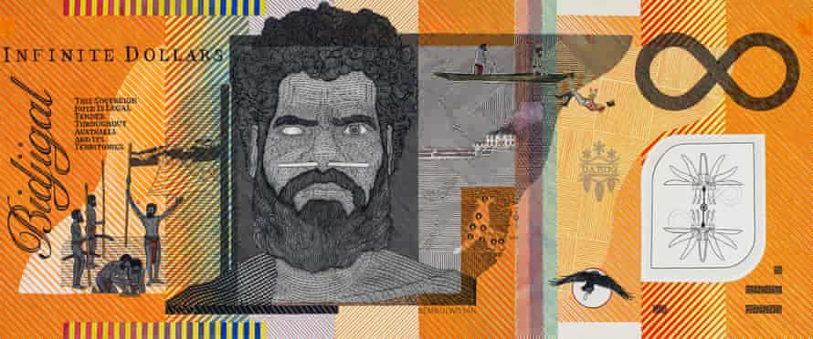 A Blood Money Infinite Dollar Note by Ryan Presley featuring Bembulwoyan, commonly known as Pemulwuy.