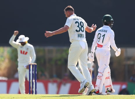 Josh Hazlewood dismisses Hasan Mahmud during day three of the first Test between Australia and Bangladesh