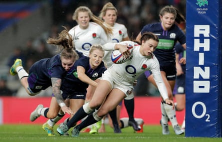 England’s Kelly Smith goes over for one of England’s 12 tries.