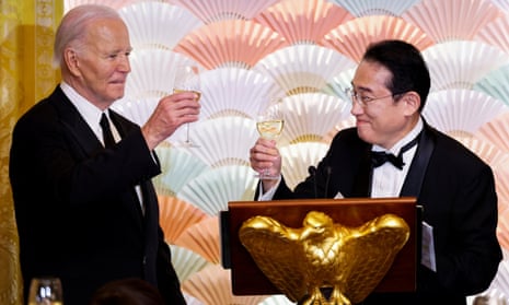 US President Biden shares a toast with Japan's PM Fumio Kishida at an official State Dinner at the White House in Washington