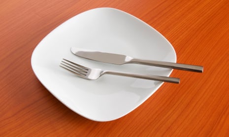 An empty plate with a knife and fork on it
