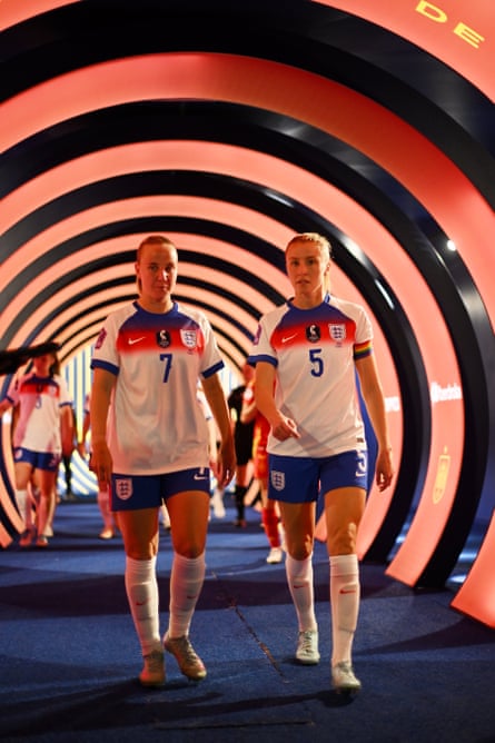 Beth Mead and Leah Williamson in the tunnel during the Nations League match against Spain.
