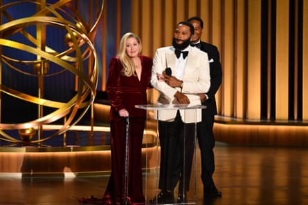 Actors Christina Applegate and Anthony Anderson onstage during the 75th Emmy Awards in Los Angeles on January 15, 2024