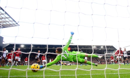 Bernd Leno fails to keep out Bruno Fernandes’s shot.