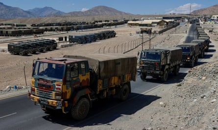 Military trucks carrying supplies move towards forward areas in the Ladakh region on 15 September.