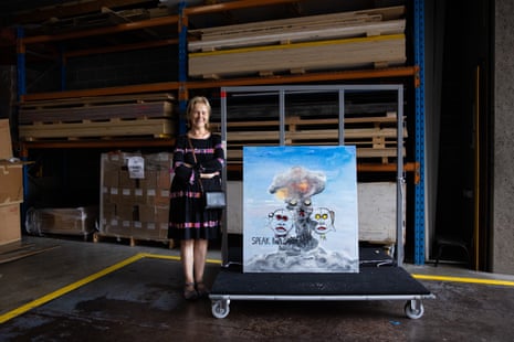 Georgina Chakar arrives at the Art Gallery of NSW with her artwork for the Sulman prize, which references the atomic bombing of Hiroshima. 