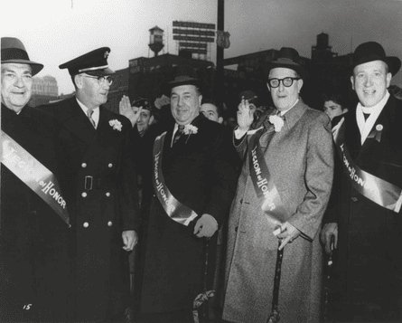 Legion of Honor members at the St Patrick’s Day Parade on State Street. Pictured, from left, are: Dan Ryan Jr, Robert . Quinn, Mayor Richard J Daley, Stephen Bailey of the Plumbers Union and Monsignor Francis Byrne.