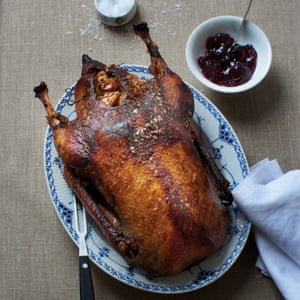 Slow-cooked goose with apples and prunes.