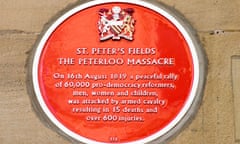Plaque (put up in 2007) giving details of Peterloo on Radisson hotel in Manchester -  site of the Free Trade Hall close to the site of the massacre