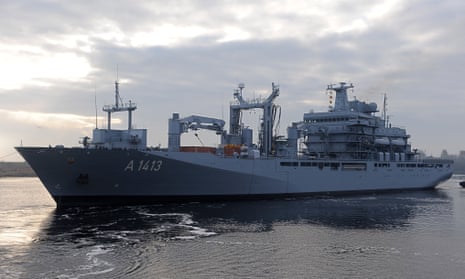 The German supply ship Bonn, which will lead the Nato flotilla heading for the Aegean Sea to help intercept the smuggling of migrants between Turkey and Greece. 