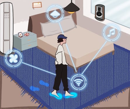 Illustration of a person walking of a carpet in a bedroom that can transmit signals to the lights, music, wifi and air conditioning