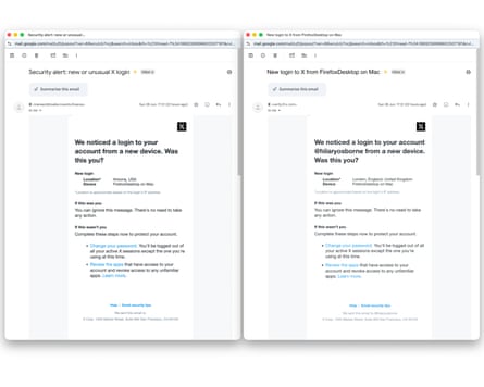 A scam email pretending to be an X new device login notification (left) next to a legitimate notification (right).
